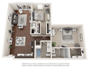 Two bedroom, two bathroom three-dimensional floor plan layout. Bedrooms in the back with living area and kitchen in front.